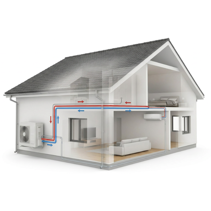 Schematische weergave van een single split airco (binnenunit en buitenunit)